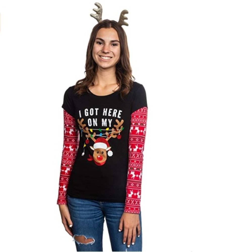 Juniors "I got here on My REINDEER" Xmas Tshirt Headband Size S 3/5 L 11/13 NWT